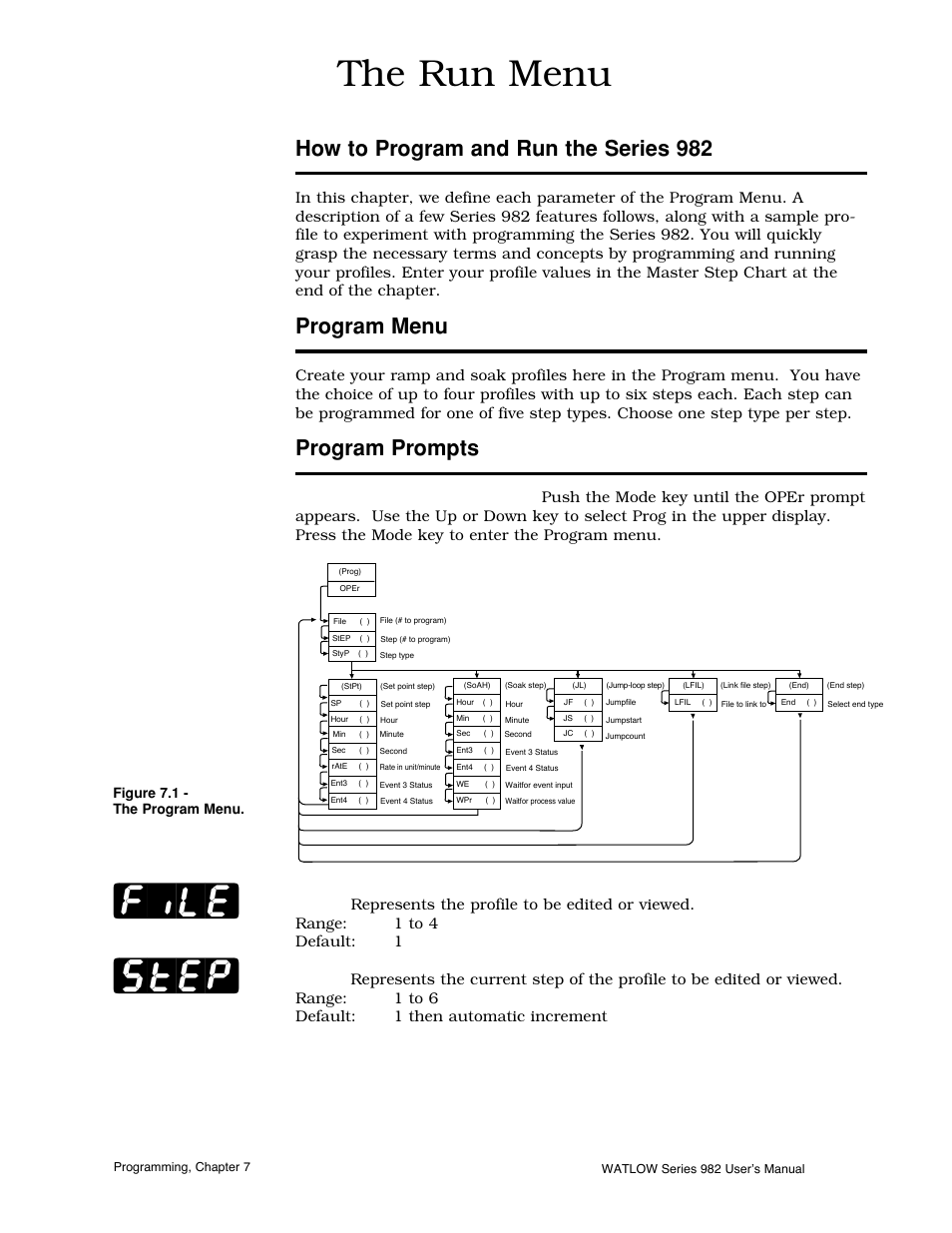Chapter 7, How to program and run the series 982, Program menu | Program prompts, Chapter 7 the run menu, 1 program menu 7.1 program prompts, File, Step | Watlow Series 982 User Manual | Page 95 / 141