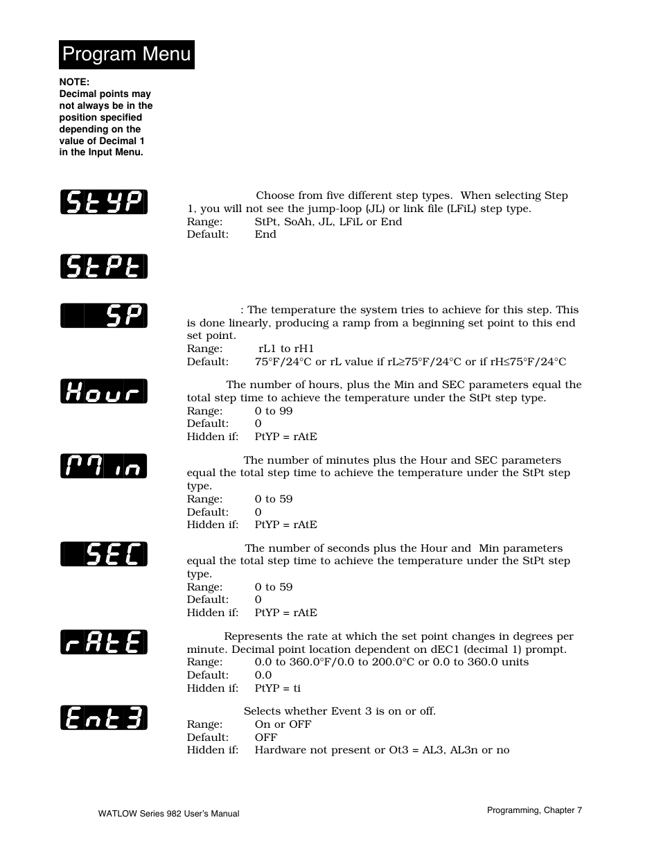 Styp, Stpt, Hour | Rate, Ent3, Program menu | Watlow Series 982 User Manual | Page 96 / 141