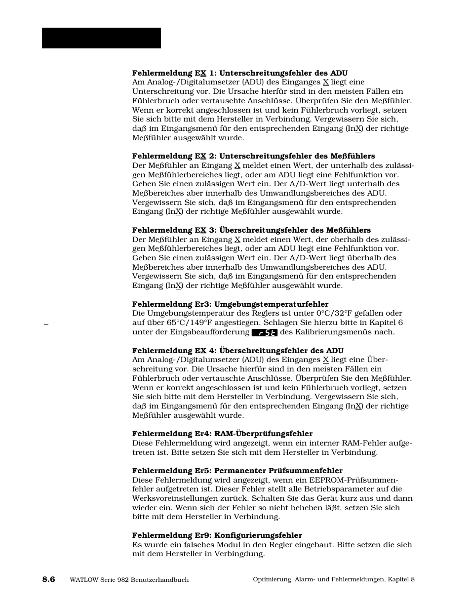 Fehlermeldungen, Auswirkung der fehlermeldungen | Watlow Series 984 User Manual | Page 114 / 128