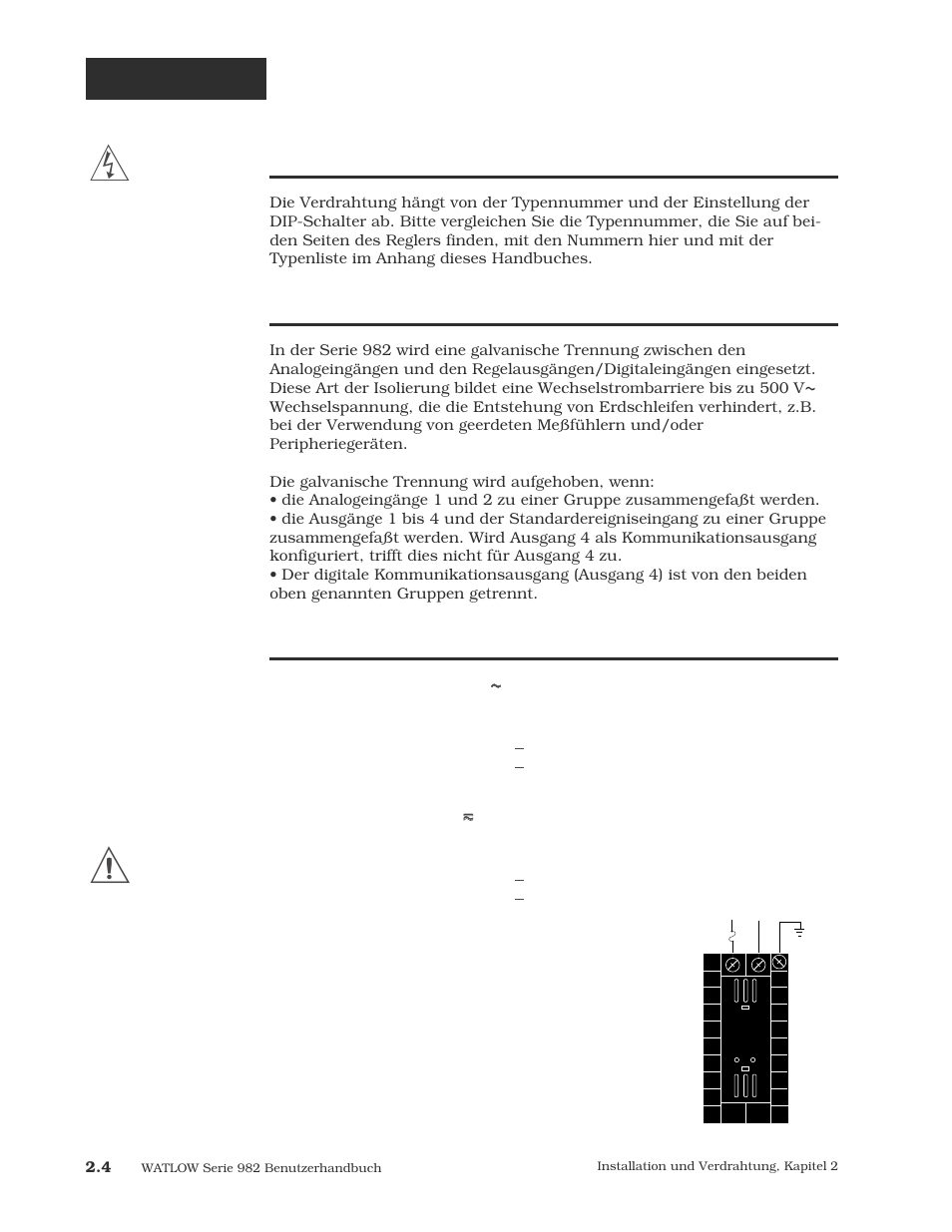 Verdrahtung, Verdrahtung der regler der serie 982, Galvanische trennung der ein- und ausgänge | Netzanschluß | Watlow Series 984 User Manual | Page 14 / 128