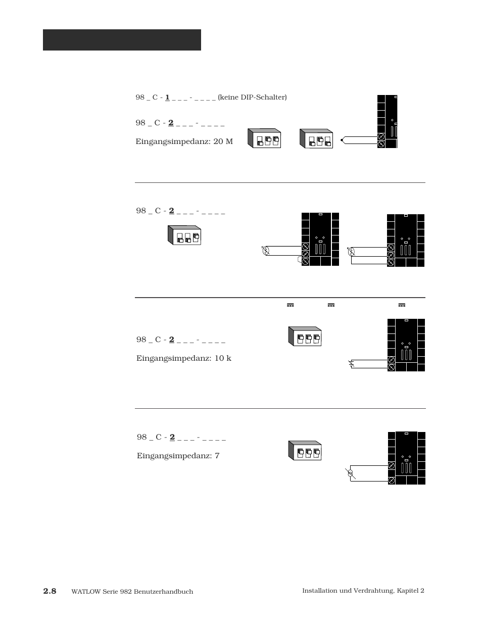 Verdrahtung eingang 1, Thermoelement, Abb. 2.8c | 98 _ c - 2, Abb. 2.8d, 98 _ c - 2 _ _ _ - _ _ _ _ eingangsimpedanz: 7 ω | Watlow Series 984 User Manual | Page 18 / 128