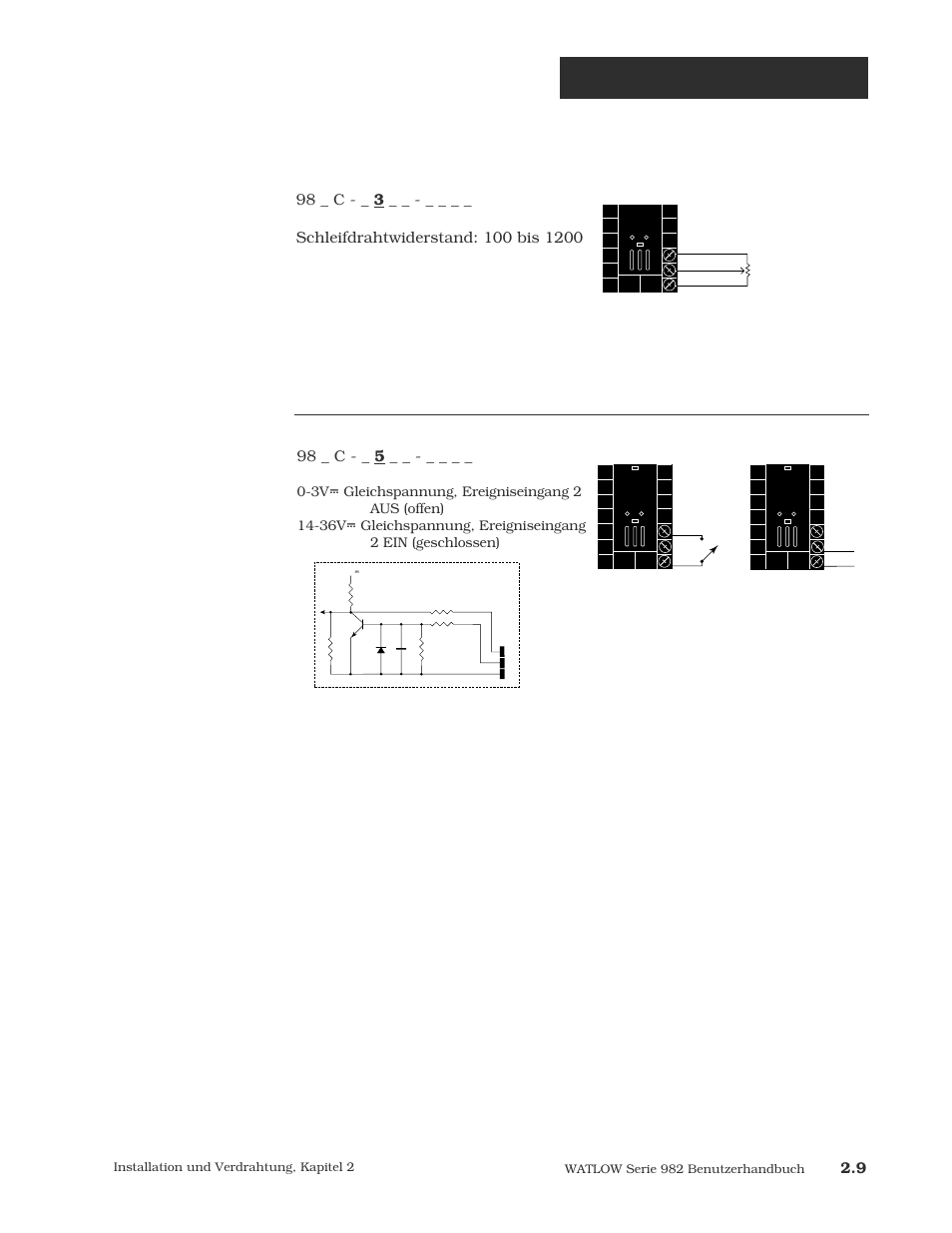 Verdrahtung eingang 2, Verdrahtung des digitalen ereigniseinganges 2, Digitaler ereigniseingang 2 | Abb. 2.9a, Abb. 2.9b, 98 _ c | Watlow Series 984 User Manual | Page 19 / 128