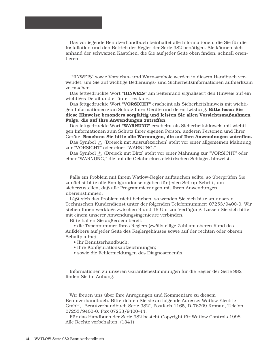 Benutzungshinweise, Hinweise zur benutzung dieses handbuches, Hinweise, vorsichtsmaßnahmen und warnungen | Werksvertretung, Garantie und rücksendungen, Anregungen und kommentare | Watlow Series 984 User Manual | Page 2 / 128