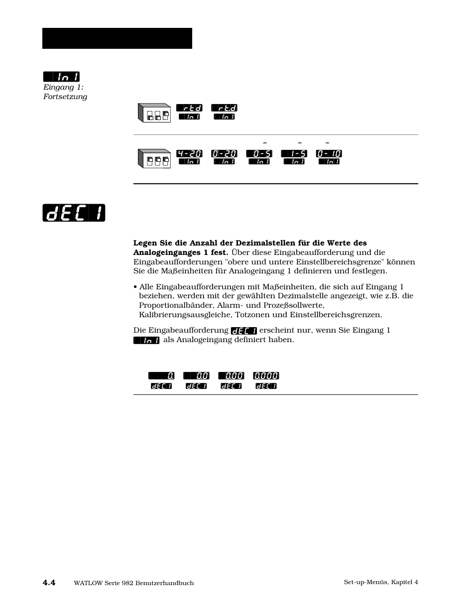 Dezimalstelle 1, Dec1, Set-up: eingangsmenü | Watlow Series 984 User Manual | Page 30 / 128
