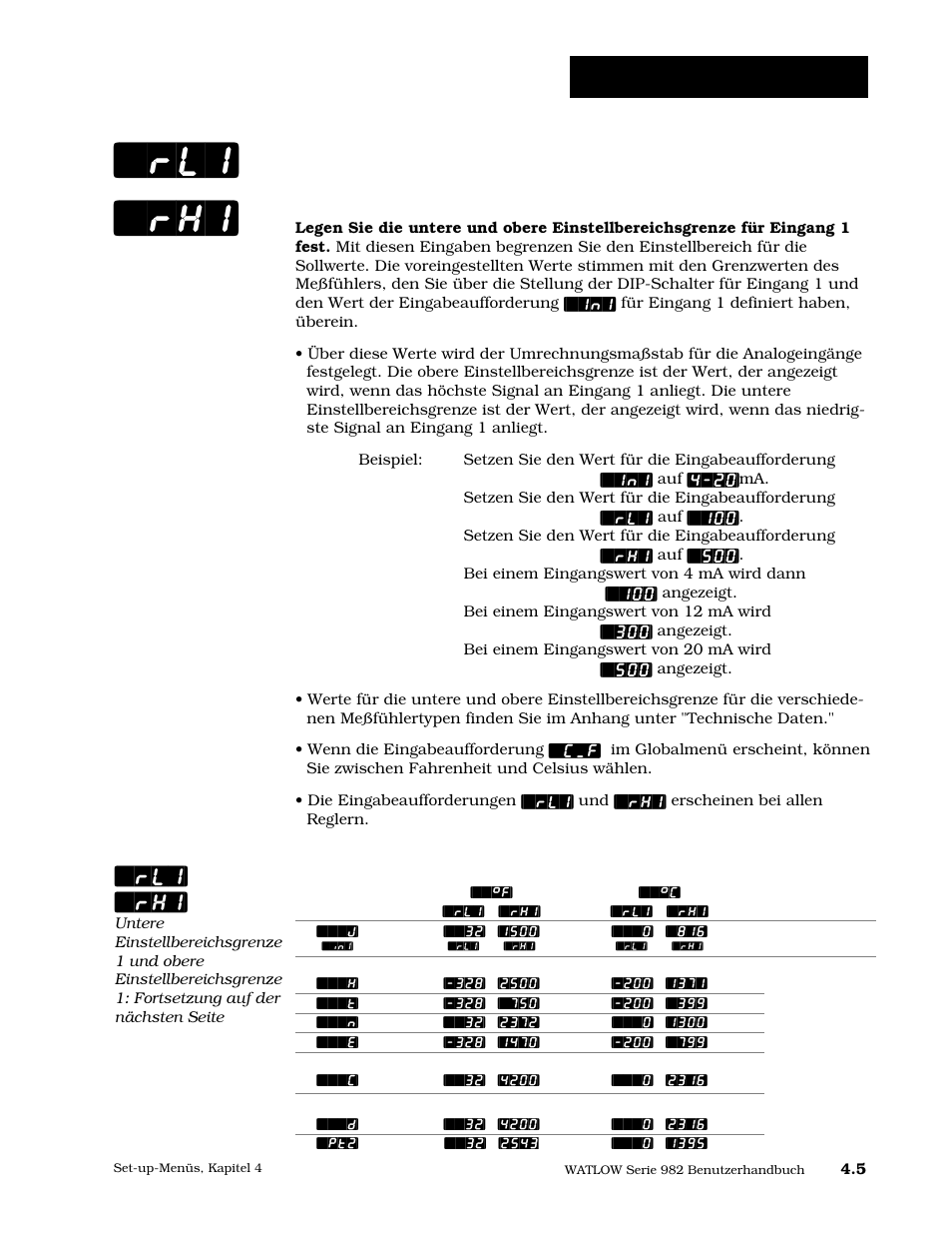 Untere einstellbereichsgrenze 1 [`rl1, Set-up: eingangsmenü, Rl1] [`rh1 | Watlow Series 984 User Manual | Page 31 / 128