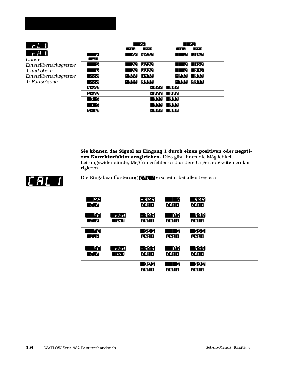 Kalibrierungsausgleich, Cal1, Set-up: eingangsmenü | Rl1] [`rh1, Kalibrierungsausgleich 1 | Watlow Series 984 User Manual | Page 32 / 128