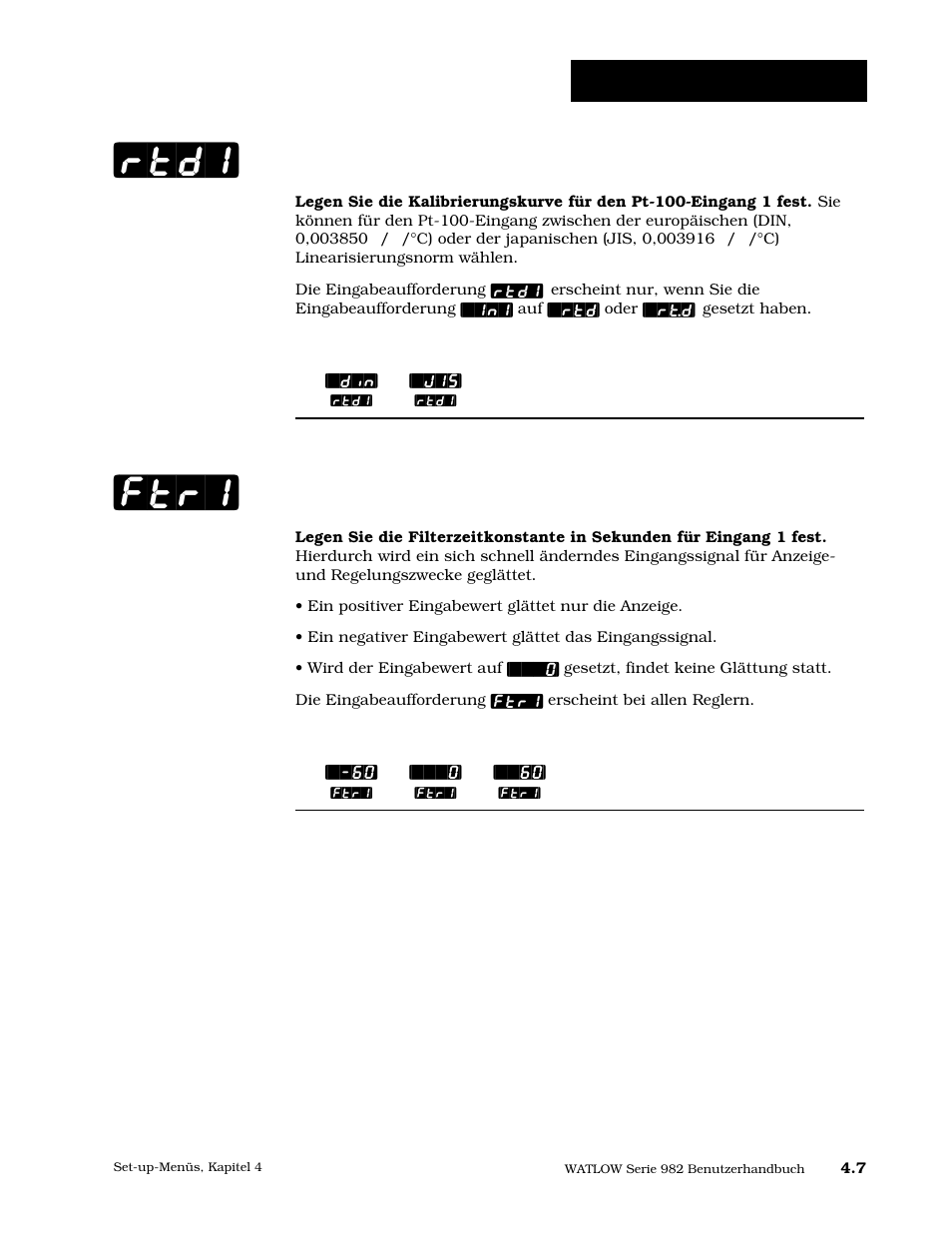 Fühlerkalibrierungskurve 1, Softwarefilter 1, Rtd1] [ftr1 | Set-up: eingangsmenü | Watlow Series 984 User Manual | Page 33 / 128