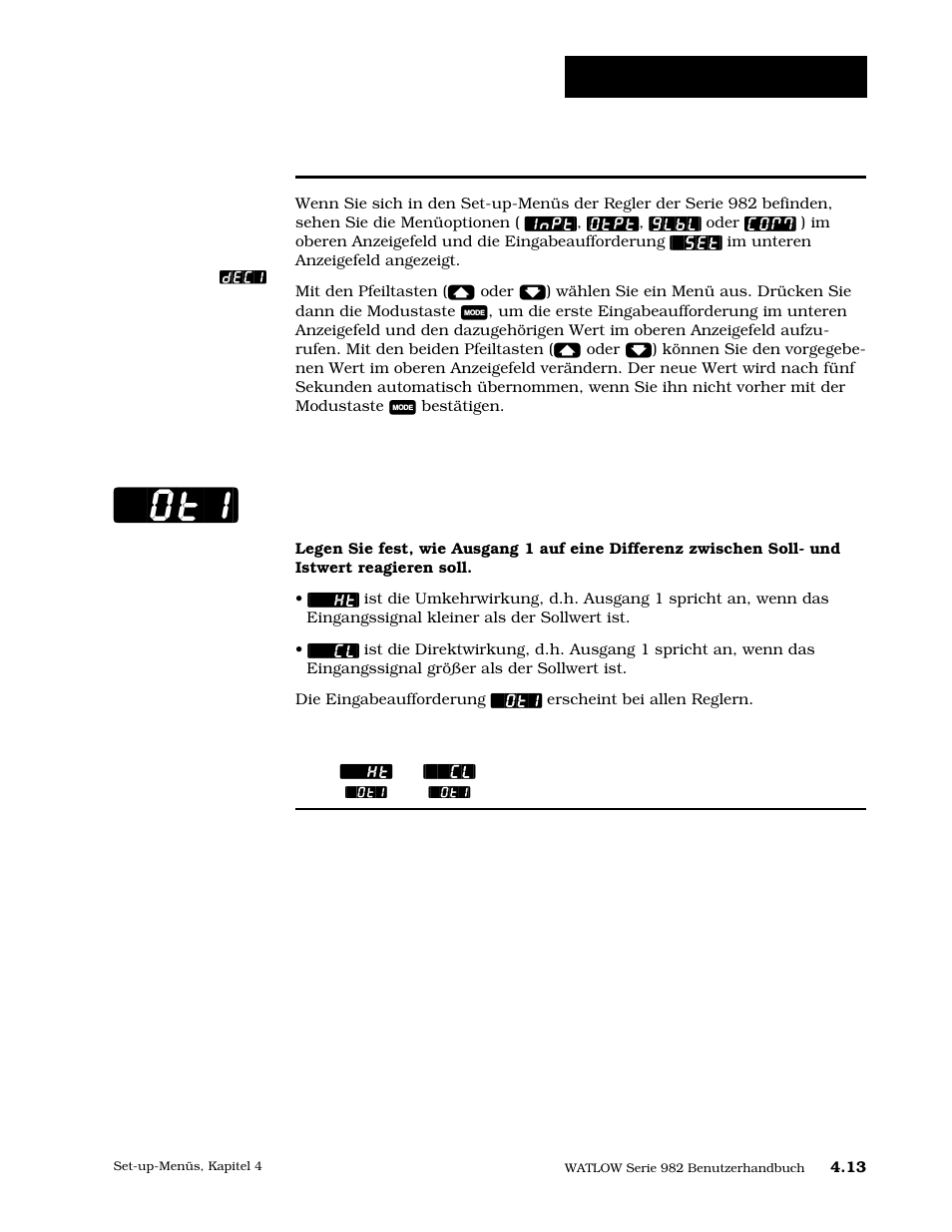 Eingabeaufforderungen des ausgangsmenüs, Ausgang 1, 13 eingabeaufforderungen des | Ausgangsmenüs, Set-up: ausgangsmenü | Watlow Series 984 User Manual | Page 39 / 128