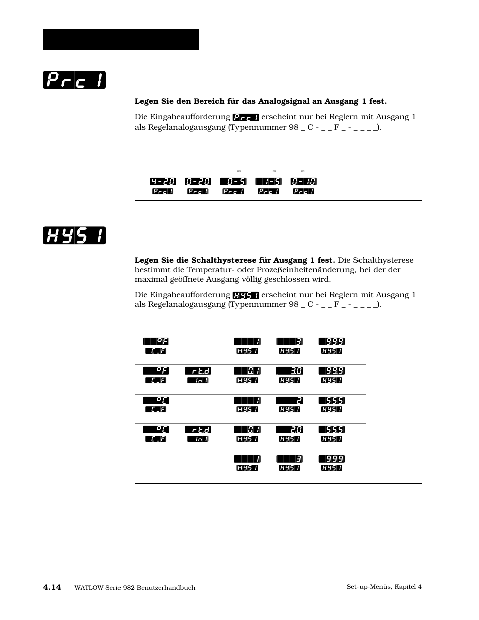 Regelanalogausgang 1, Hysterese 1, Hys1] [prc1 | Set-up: ausgangsmenü | Watlow Series 984 User Manual | Page 40 / 128