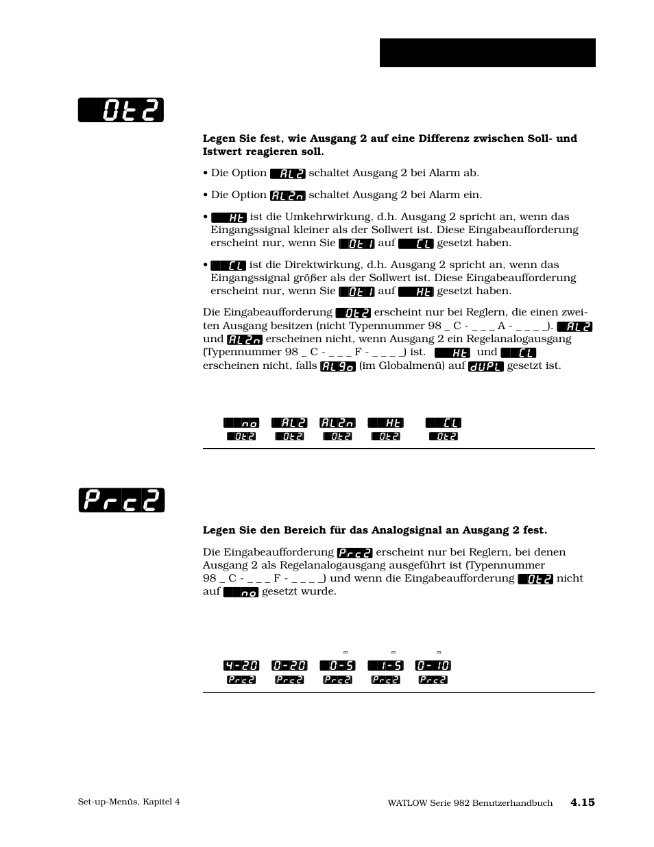 Ausgang 2, Regelanalogausgang 2, Ot2] [prc2 | Set-up: ausgangsmenü | Watlow Series 984 User Manual | Page 41 / 128