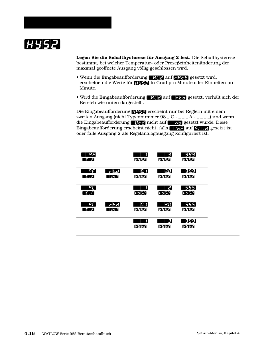 Hysterese 2, Hys2, Set-up: ausgangsmenü | Watlow Series 984 User Manual | Page 42 / 128