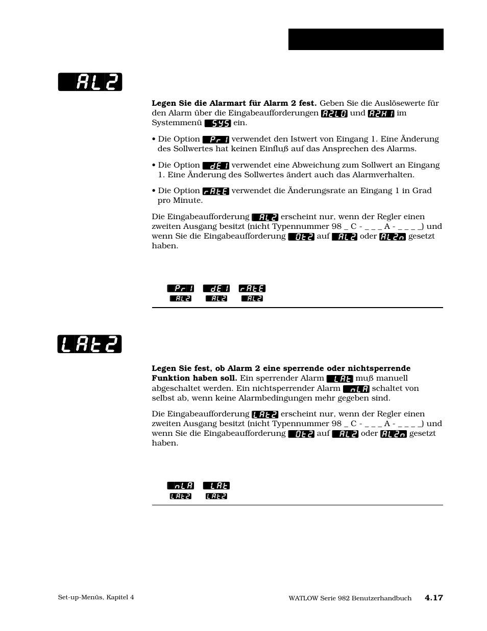 Alarm 2, Sperrfunktion 2, Al2] [lat2 | Set-up: ausgangsmenü | Watlow Series 984 User Manual | Page 43 / 128
