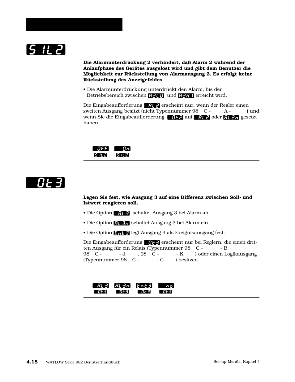 Alarmunterdrückung 2, Ausgang 3, Sil2 | Set-up: ausgangsmenü | Watlow Series 984 User Manual | Page 44 / 128
