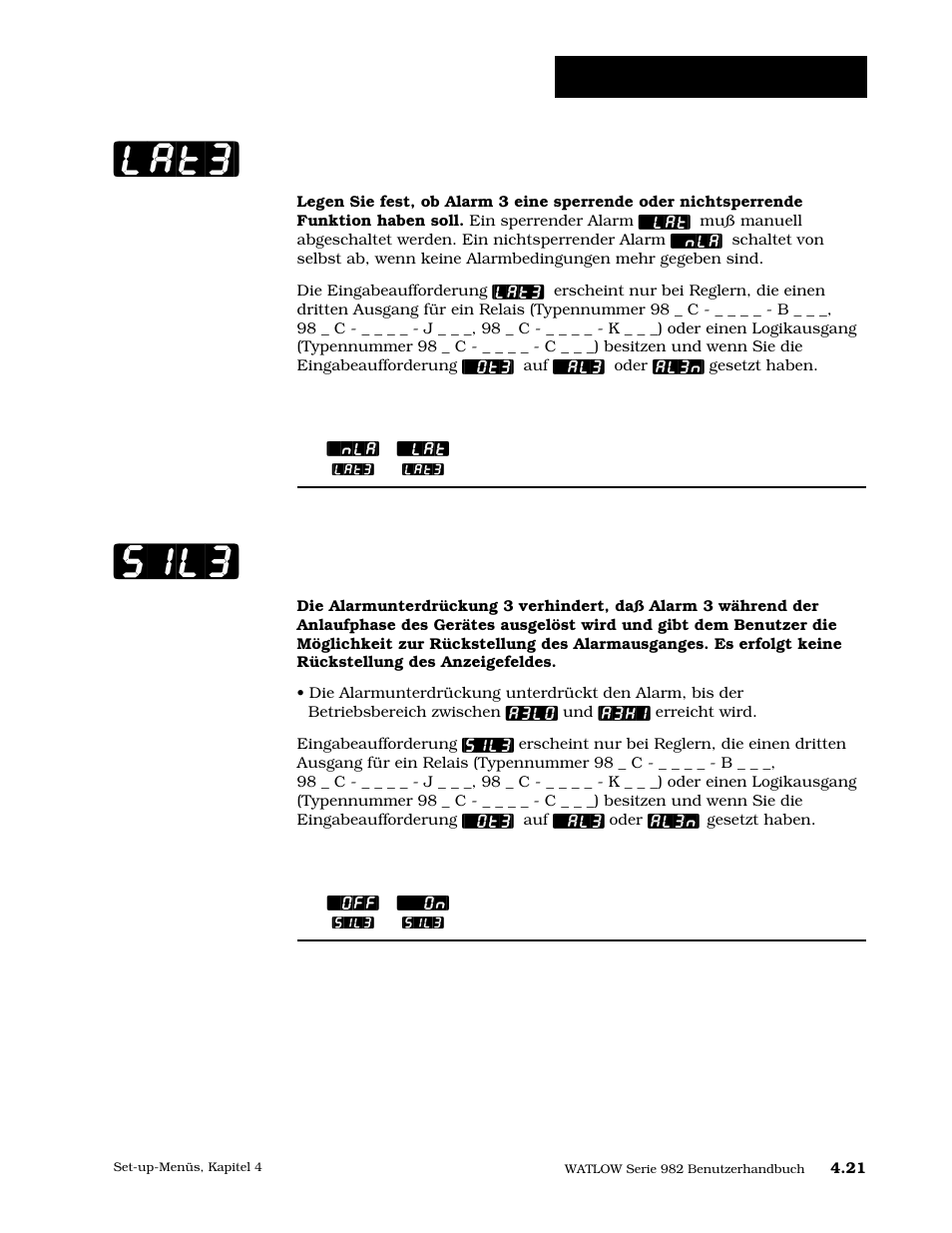 Sperrfunktion 3, Alarmunterdrückung 3, Lat3] [sil3 | Set-up: ausgangsmenü | Watlow Series 984 User Manual | Page 47 / 128