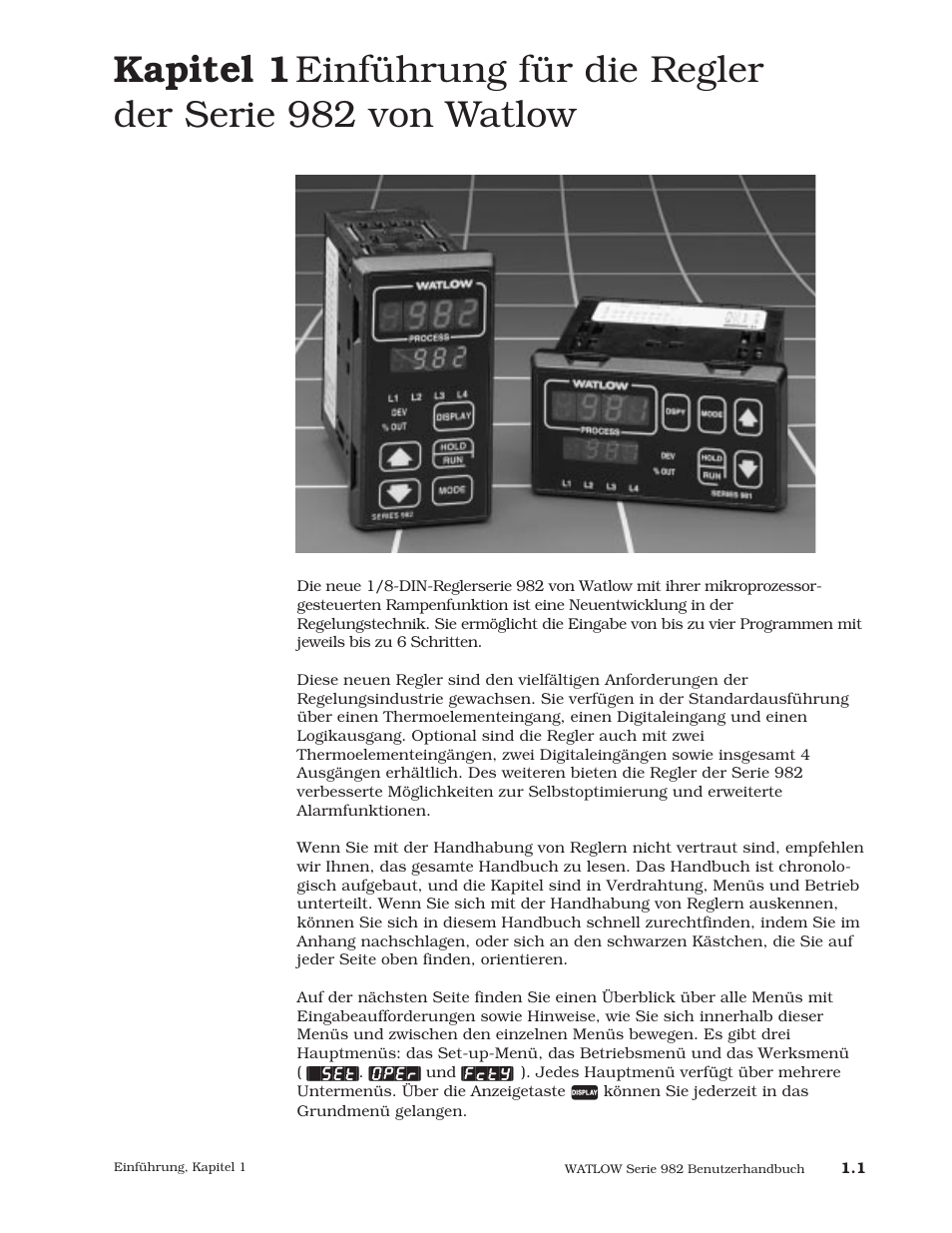 Kapitel 1, Einführung für die regler der serie 982 von watlow, Einführung für die watlow-regler der serie 981/982 | Watlow Series 984 User Manual | Page 5 / 128