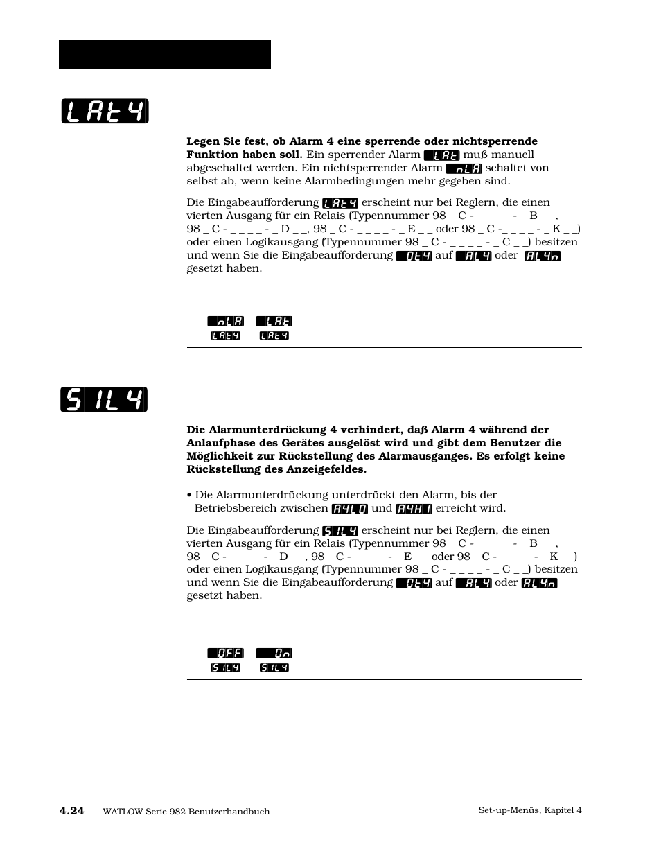 Sperrfunktion 4, Alarmunterdrückung 4, Sil4] [lat4 | Set-up: ausgangsmenü | Watlow Series 984 User Manual | Page 50 / 128