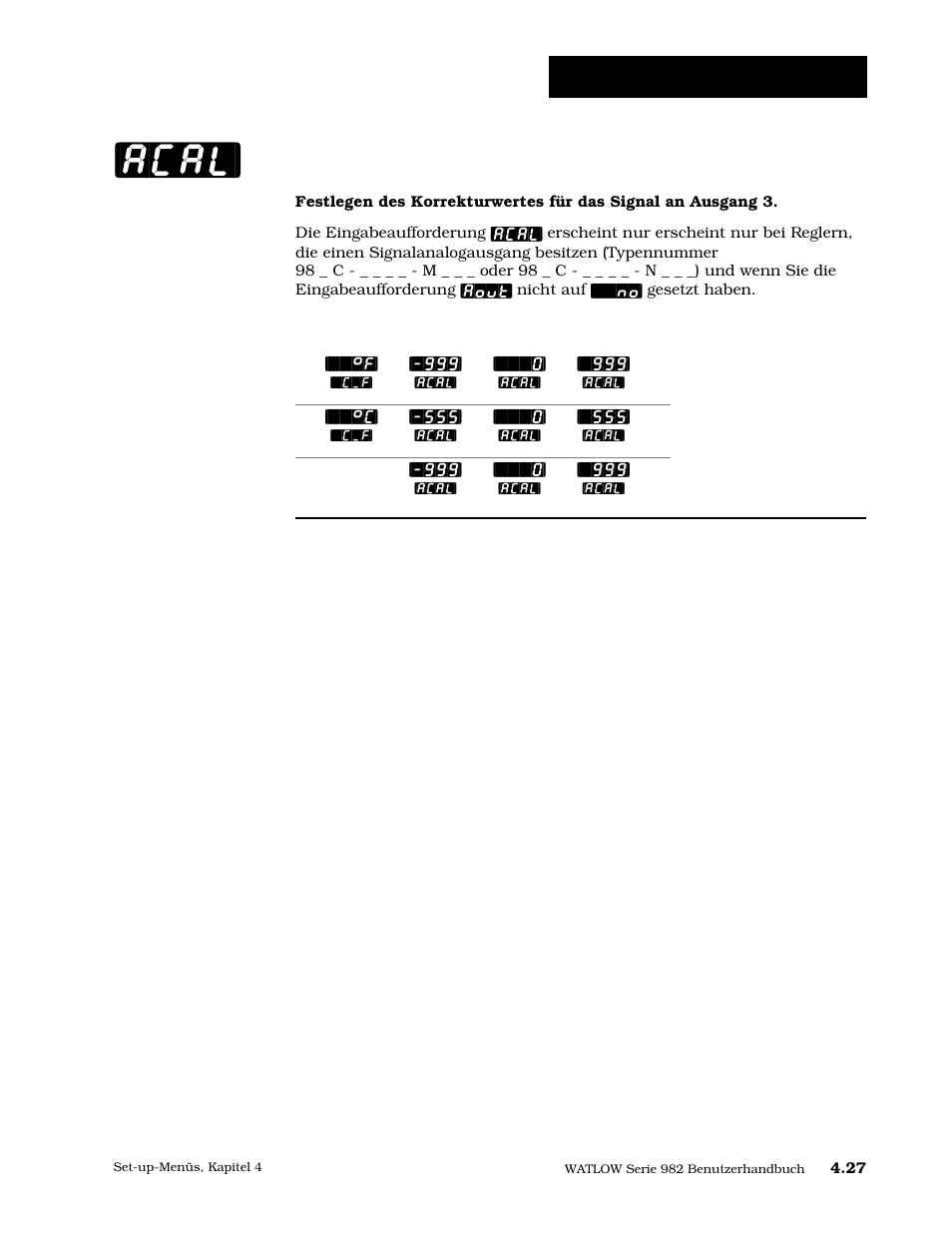 Signalanalogausgang kalibrierungsausgleich [acal, Acal, Set-up: ausgangsmenü | Signalanalogausgang kalibrierungsausgleich | Watlow Series 984 User Manual | Page 53 / 128
