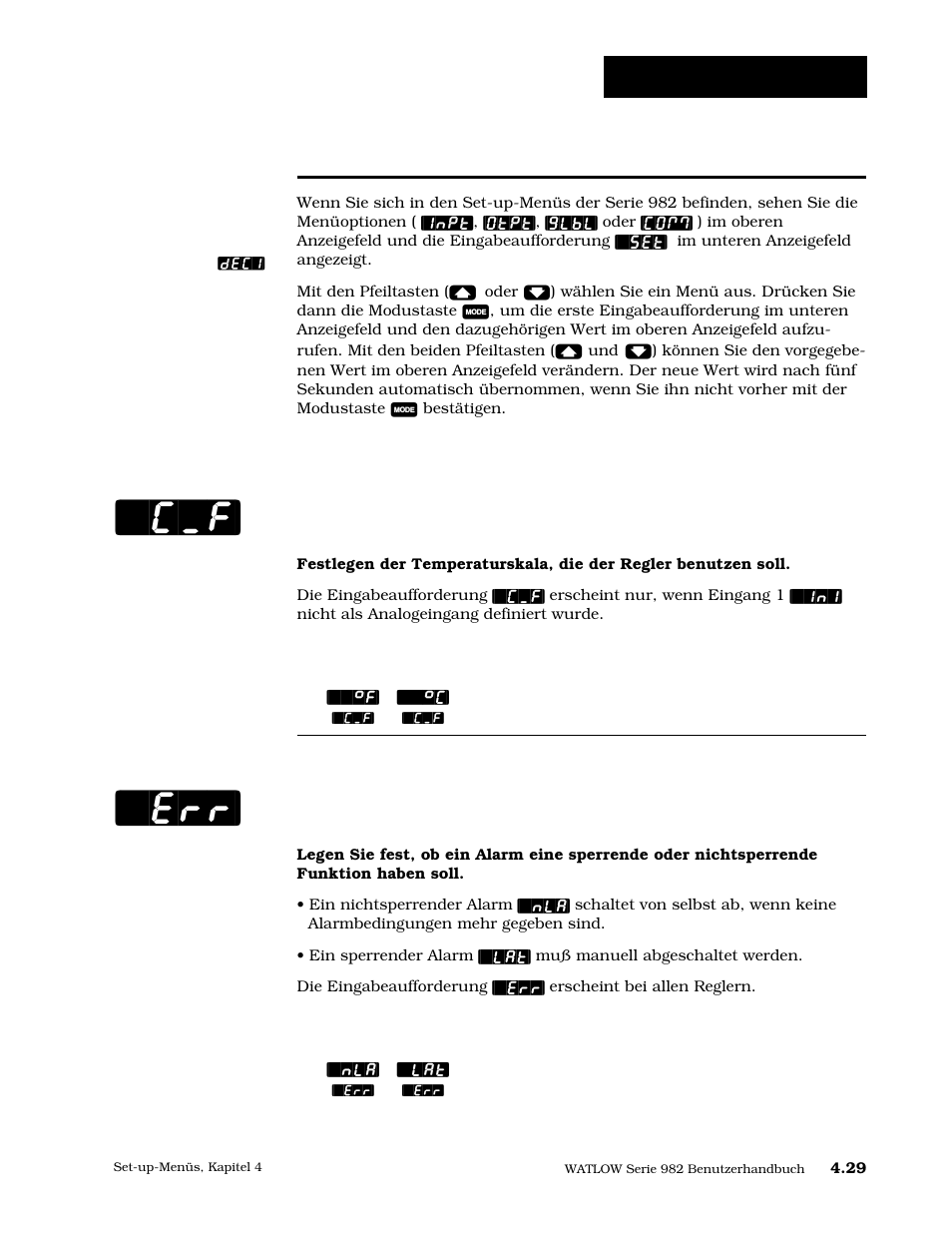 Eingabeaufforderungen des globalmenüs, Celsius/fahrenheit, Alarmsperrfunktion | 29 eingabeaufforderungen des globalmenüs, C_f] [`err, Set-up: globalmenü | Watlow Series 984 User Manual | Page 55 / 128
