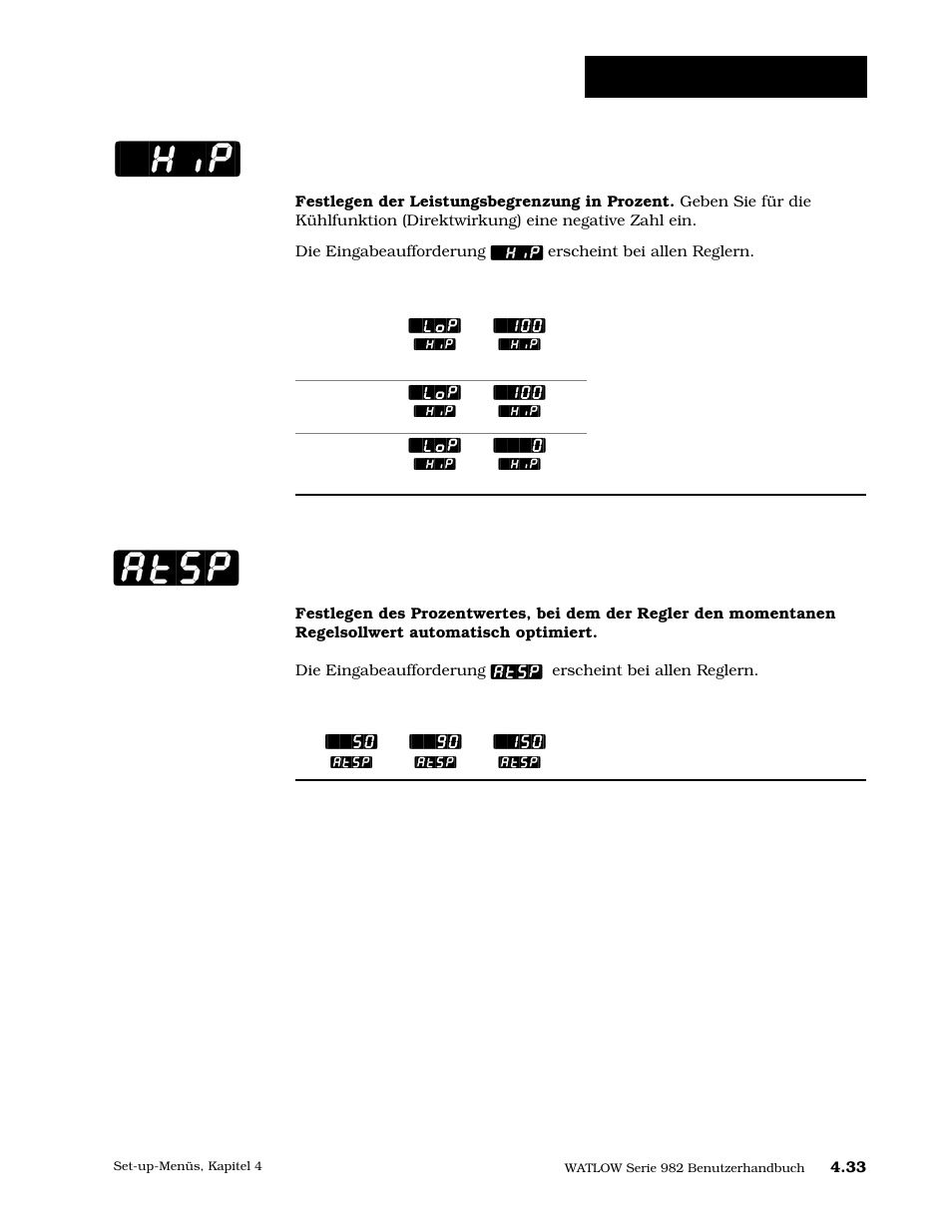 Leistungsbegrenzung [`hip, Selbstoptimierungssollwert, Hip] [atsp | Set-up: globalmenü, Leistungsbegrenzung | Watlow Series 984 User Manual | Page 59 / 128