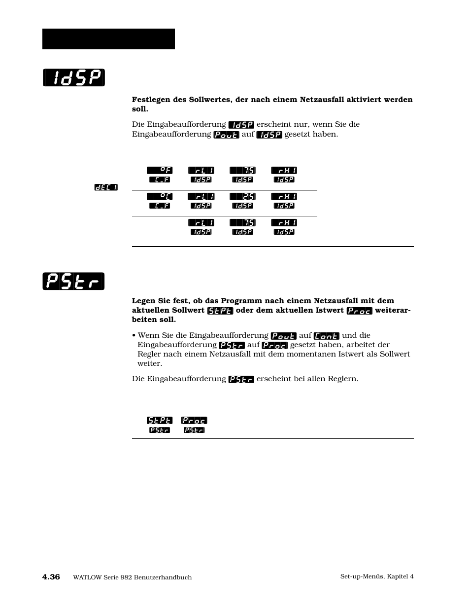 Tauschsollwert, Programmfortführung, Pstr] [idsp | Set-up: globalmenü | Watlow Series 984 User Manual | Page 62 / 128