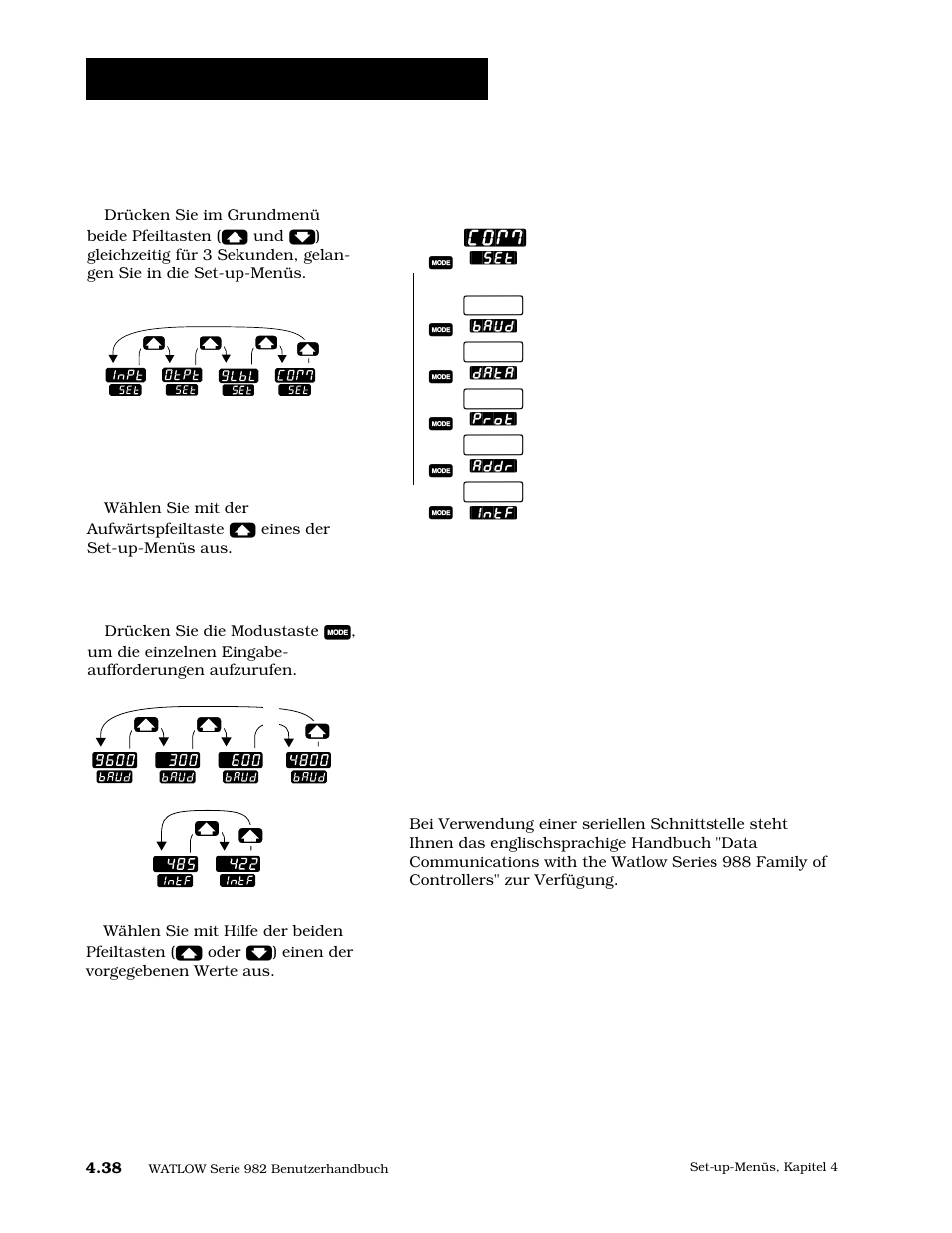 Set-up: kommunikationsmenü, Das kommunikationsmenü, 38 das kommunikationsmenü | Kommunikationsmenü | Watlow Series 984 User Manual | Page 64 / 128
