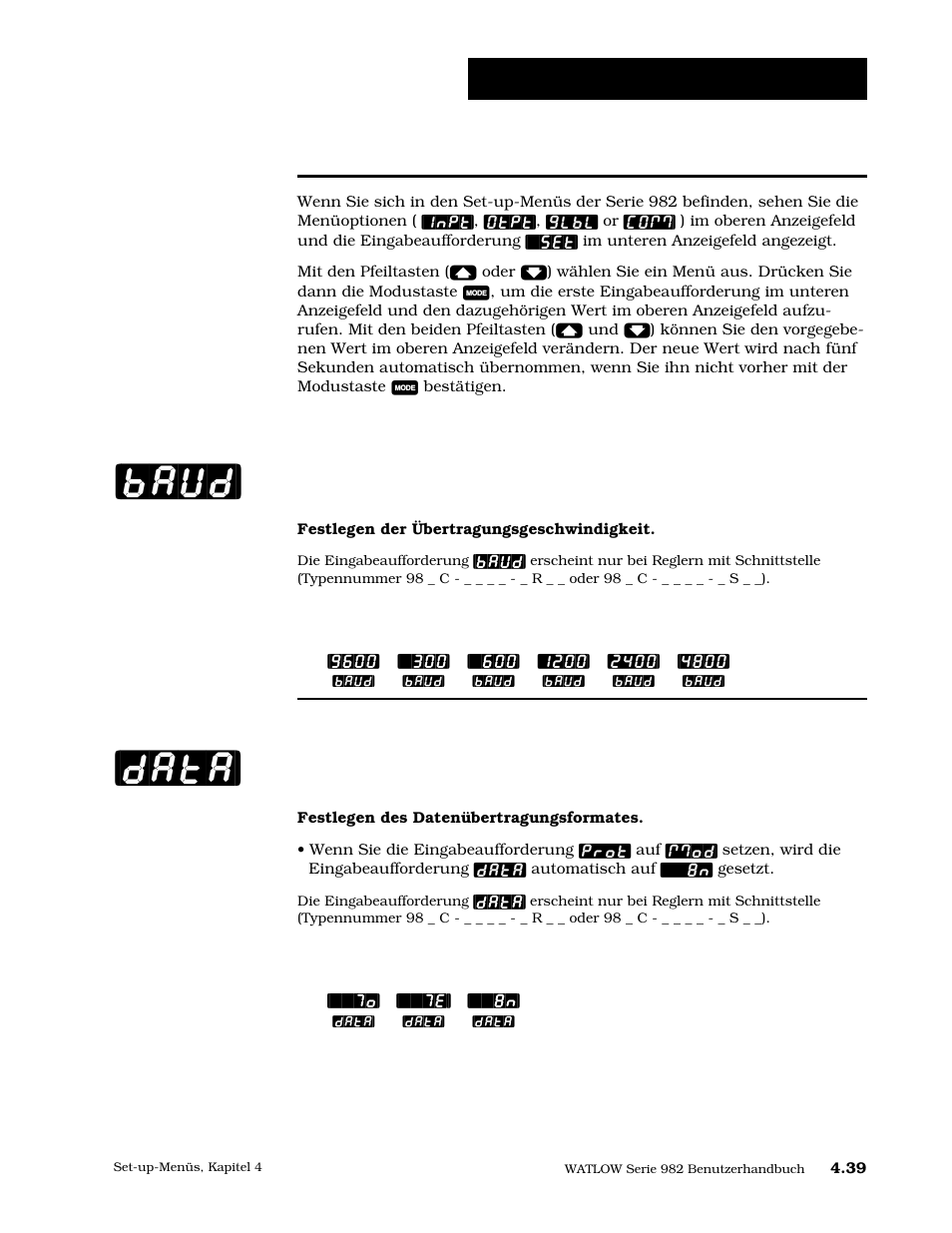 Eingabeaufforderungen des kommunikationsmenüs, Übertragungsgeschwindigkeit, Datenbits und parität | 39 eingabeaufforderungen des, Kommunikationsmenüs, Baud] [data, Set-up: kommunikationsmenü | Watlow Series 984 User Manual | Page 65 / 128