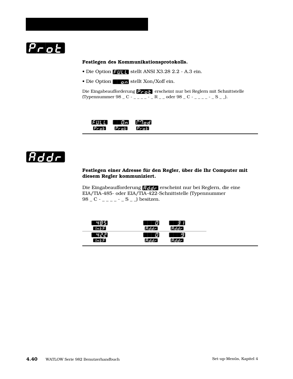 Protokollart, Adresse [addr, Prot] [addr | Set-up: kommunikationsmenü, Adresse | Watlow Series 984 User Manual | Page 66 / 128
