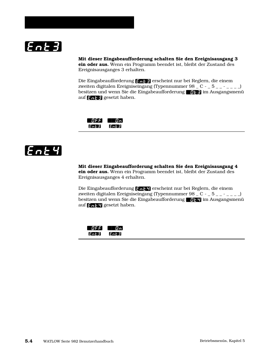 Status ereignisausgang 3, Status ereignisausgang 4, Ent3] [ent4 | Betriebsmenü: systemmenü | Watlow Series 984 User Manual | Page 72 / 128