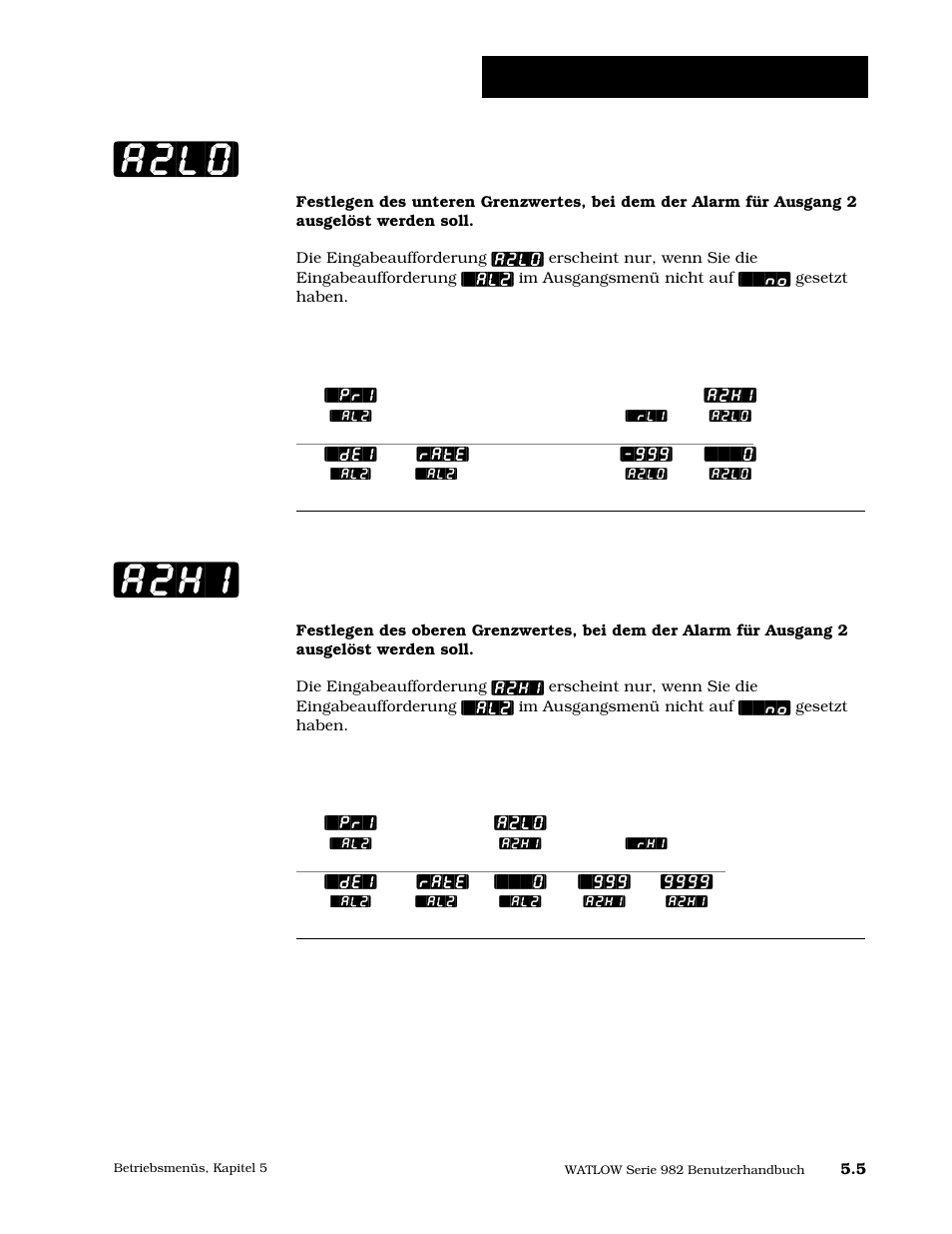 Unterschreitungsalarm 2, Überschreitungsalarm 2, A2lo] [a2hi | Betriebsmenü: systemmenü | Watlow Series 984 User Manual | Page 73 / 128