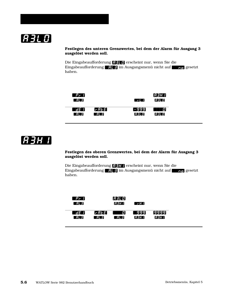 Unterschreitungsalarm 3, Überschreitungsalarm 3, A3hi | A3lo, Betriebsmenü: systemmenü | Watlow Series 984 User Manual | Page 74 / 128