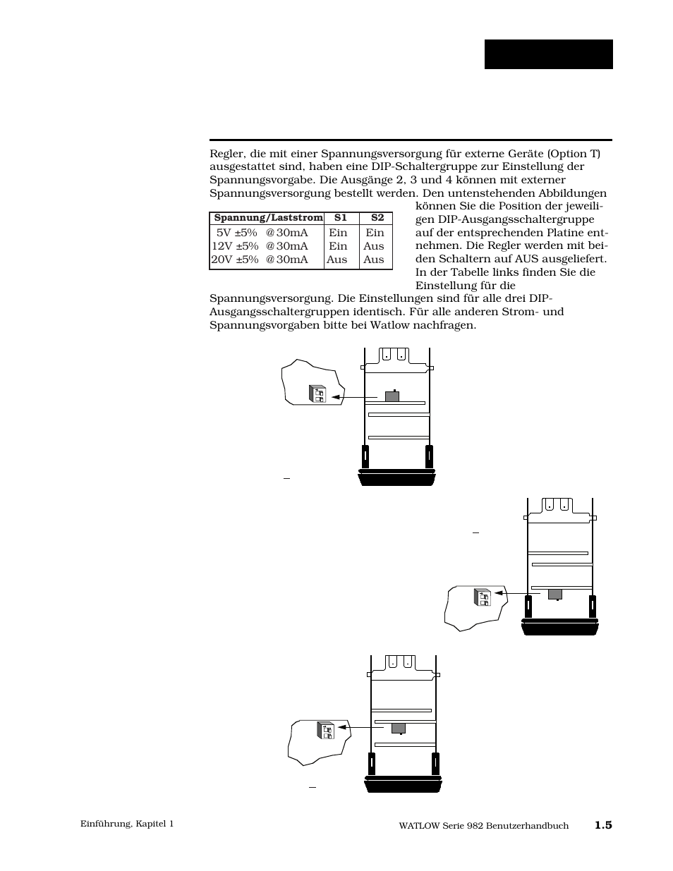 Einstellung der dip-schalter bei reglern, Dip-schalter | Watlow Series 984 User Manual | Page 9 / 128