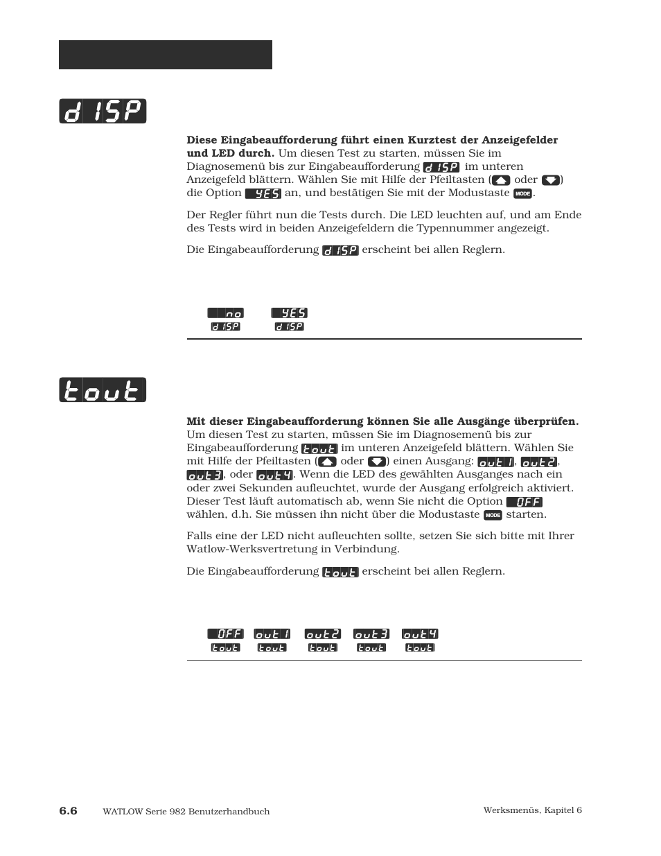 Test anzeigen, Test ausgänge, Disp] [tout | Werksmenü: diagnose | Watlow Series 984 User Manual | Page 92 / 128