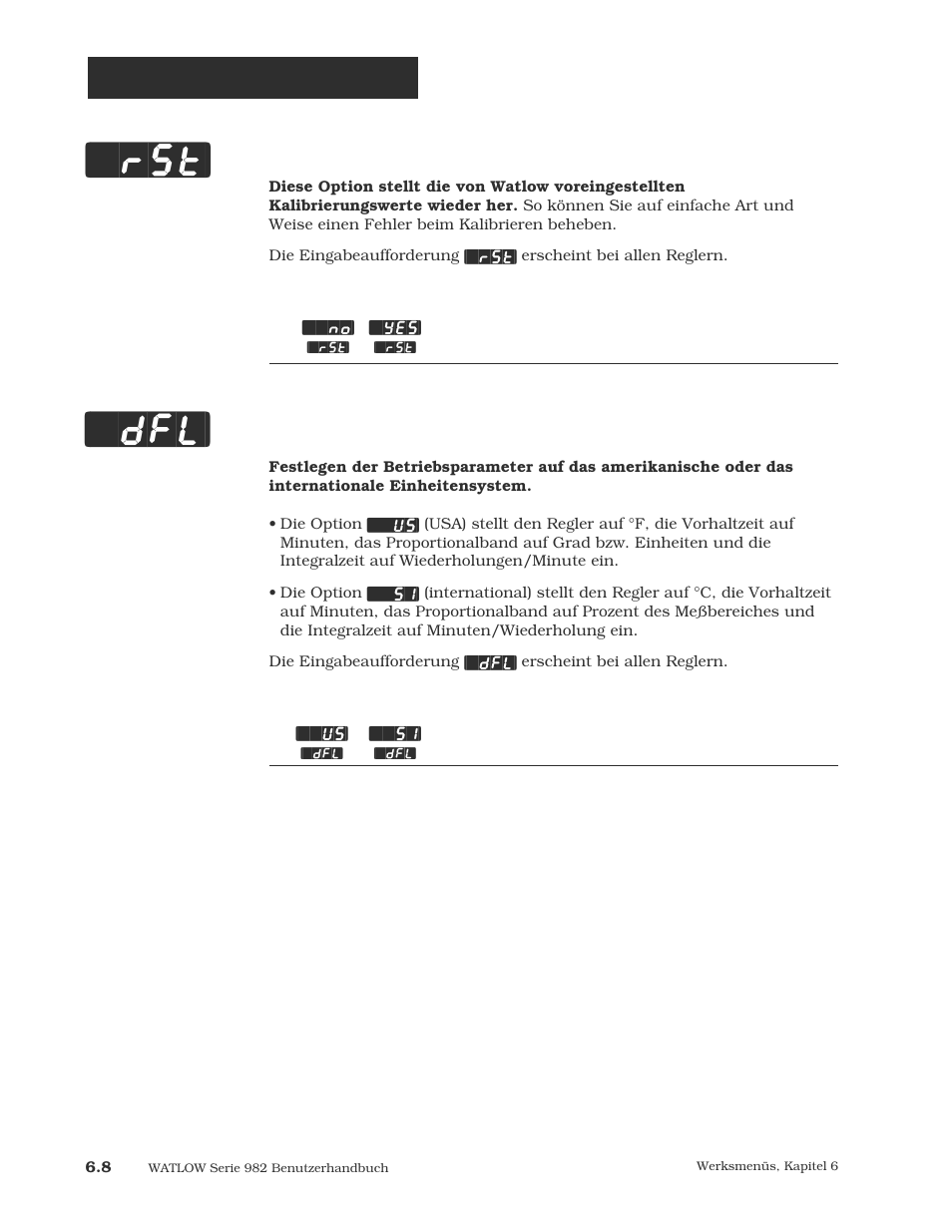 Wiederherstellen, Voreinstellungen, Rst] [`dfl | Werksmenü: kalibrierung | Watlow Series 984 User Manual | Page 94 / 128
