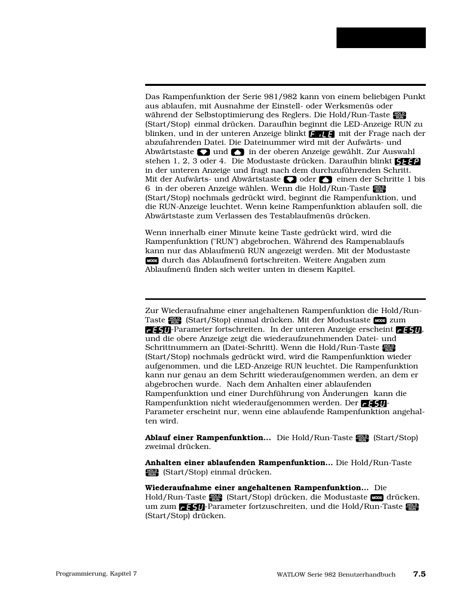 Ablauf einer rampenfunktion, Wiederaufnahme einer rampenfunktion, Rampenmenü | Watlow Series 984 User Manual | Page 99 / 128