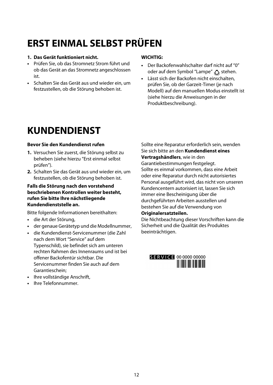 Erst einmal selbst prüfen, Kundendienst | Whirlpool ACM812 User Manual | Page 11 / 39