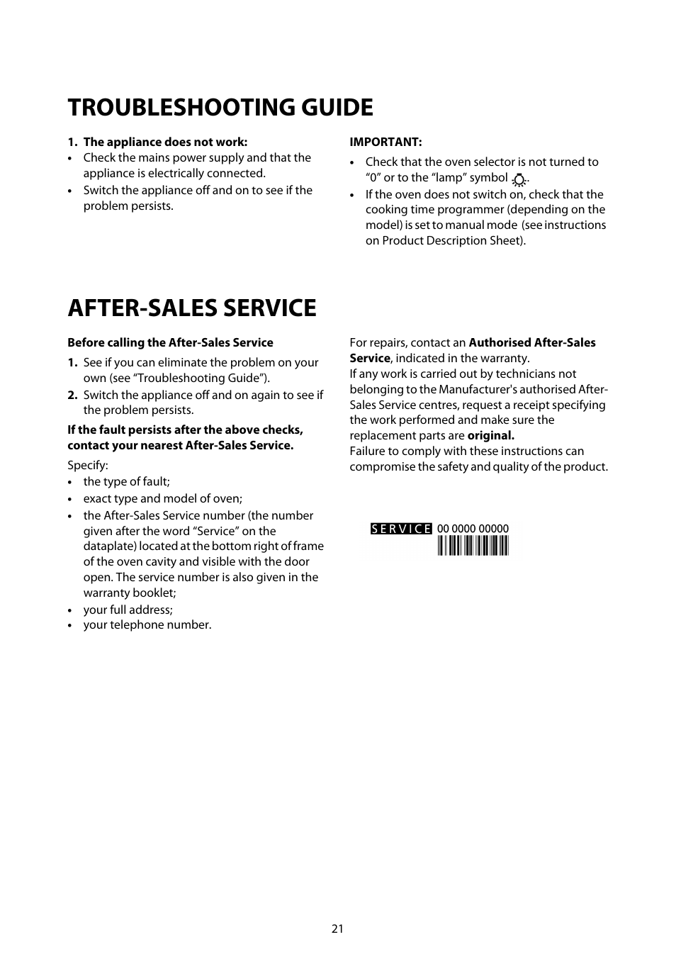 Troubleshooting guide, After-sales service | Whirlpool ACM812 User Manual | Page 20 / 39