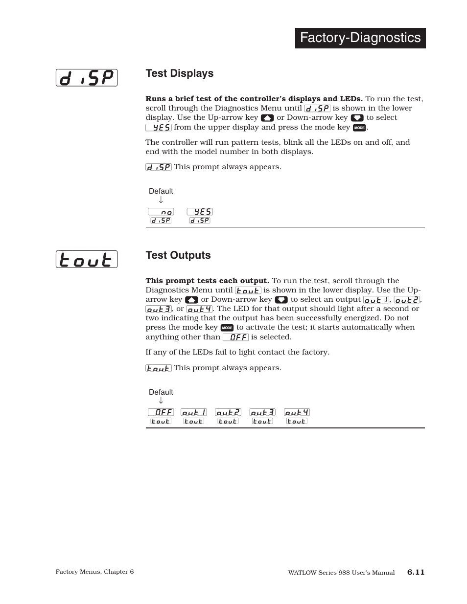 Disp] [tout, Factory-diagnostics, Test displays | Test outputs | Watlow Series 988 User Manual | Page 103 / 153