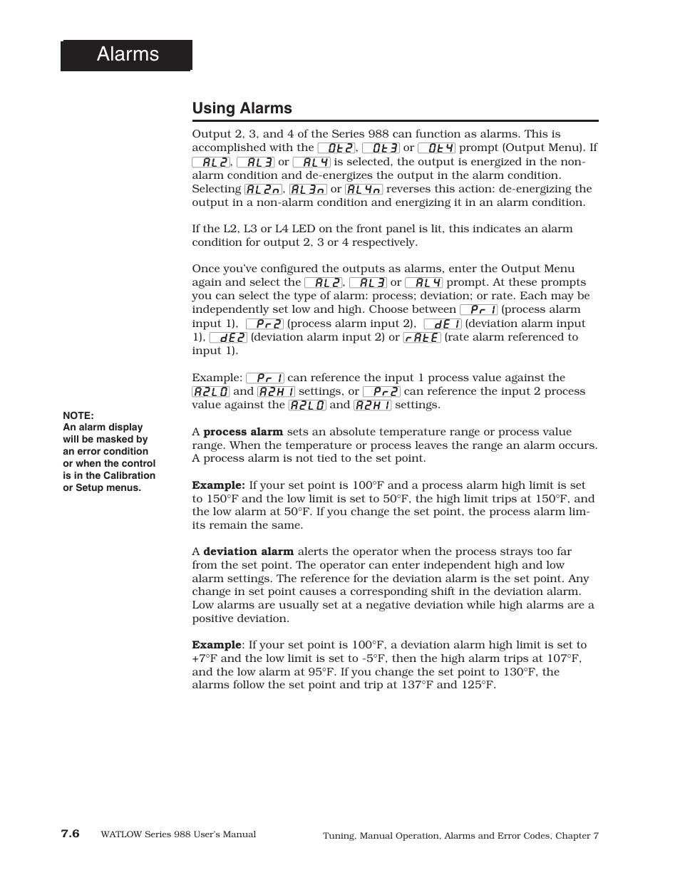 Using alarms, Alarms | Watlow Series 988 User Manual | Page 112 / 153