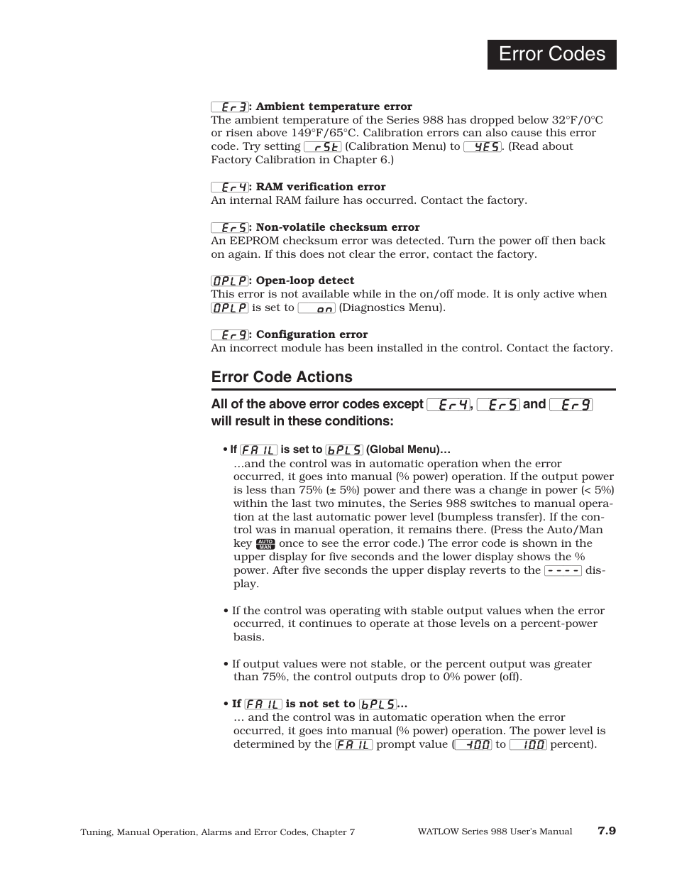 Error code actions, Error codes | Watlow Series 988 User Manual | Page 115 / 153