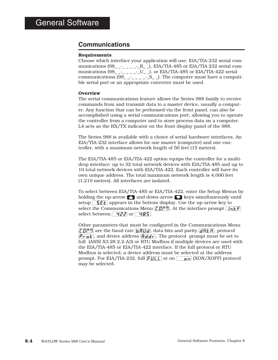 Communications, General software | Watlow Series 988 User Manual | Page 120 / 153