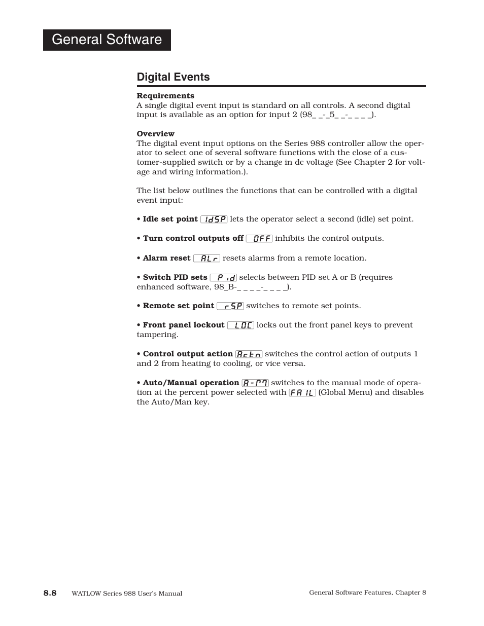 Digital events, General software | Watlow Series 988 User Manual | Page 124 / 153