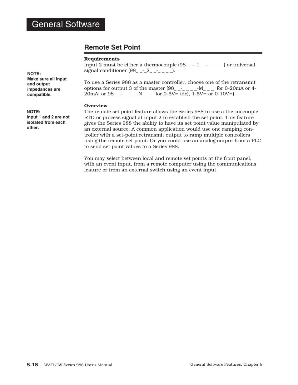 Remote set point, 18 remote set point, General software | Watlow Series 988 User Manual | Page 134 / 153
