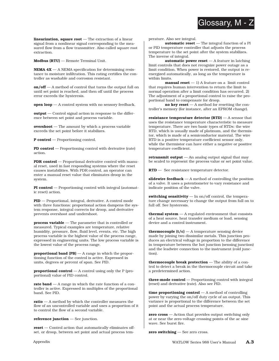 Glossary, m - z | Watlow Series 988 User Manual | Page 143 / 153