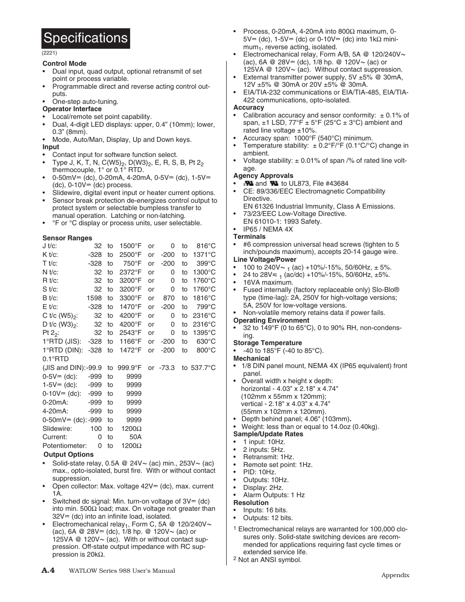 Specifications | Watlow Series 988 User Manual | Page 144 / 153