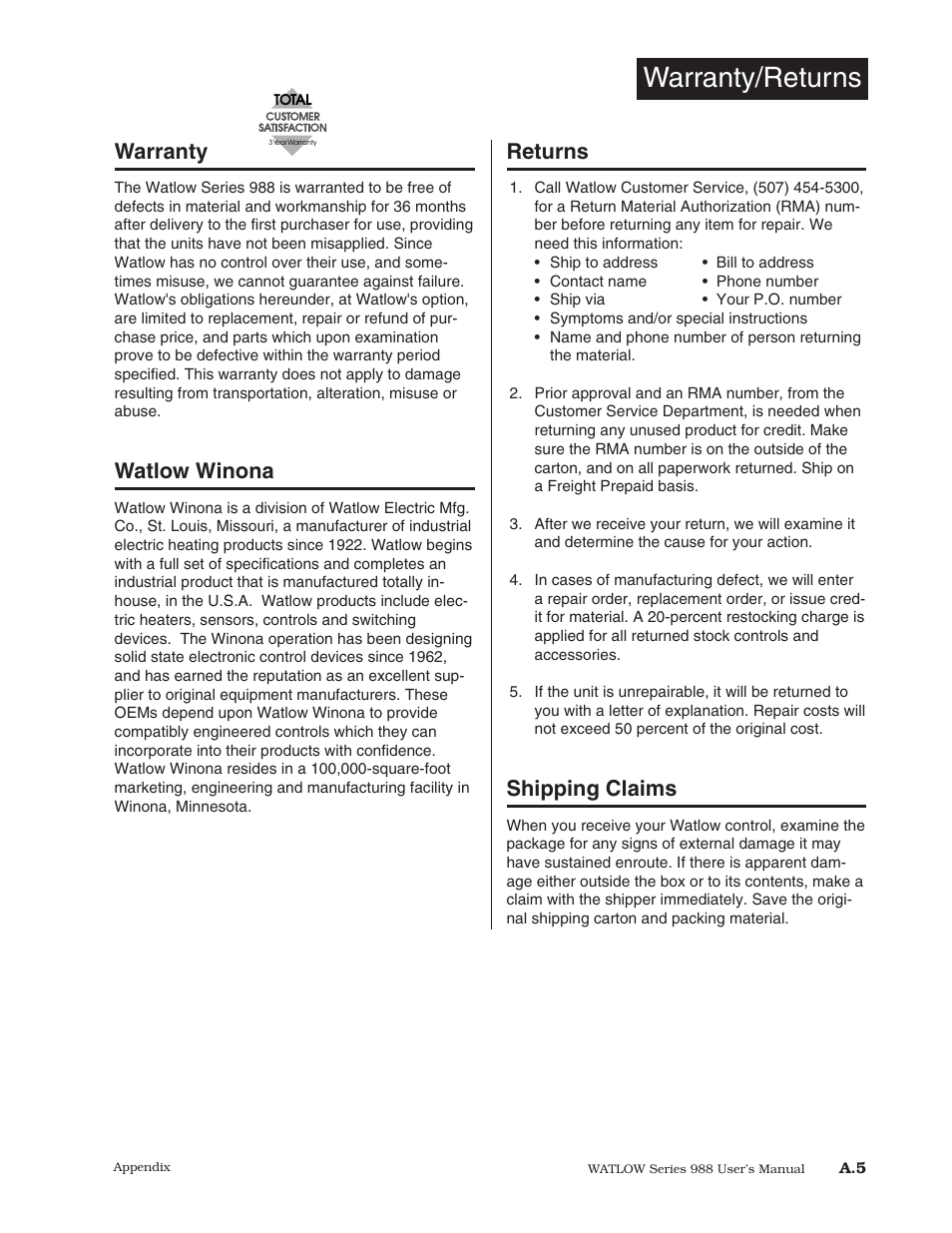 Warranty/returns, Warranty and returns, Warranty | Watlow winona, Returns, Shipping claims | Watlow Series 988 User Manual | Page 145 / 153