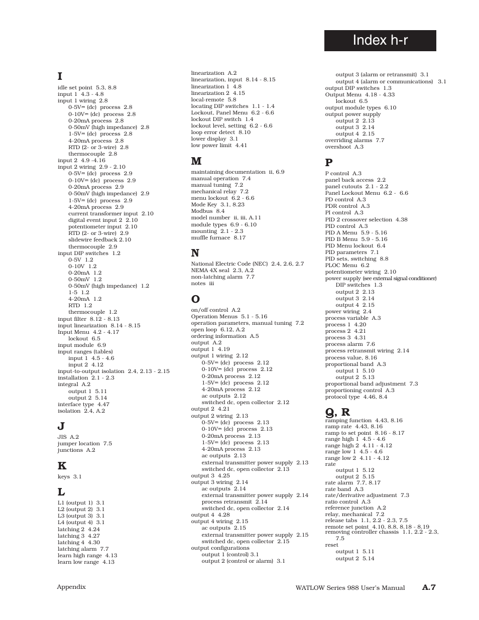 Index h-r, Q, r | Watlow Series 988 User Manual | Page 147 / 153