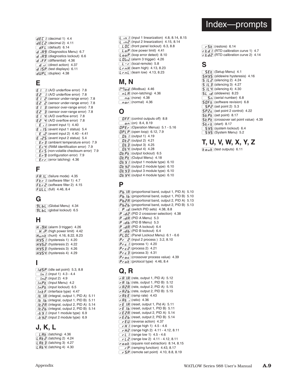 Index—prompts, J, k, l, M, n | Q, r, T, u, v, w, x, y, z | Watlow Series 988 User Manual | Page 149 / 153