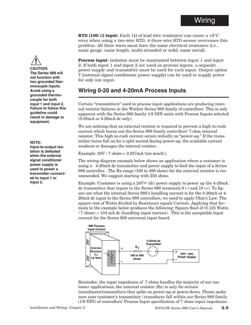 Wiring 0-20 and 4-20ma process inputs, Wiring | Watlow Series 988 User Manual | Page 15 / 153