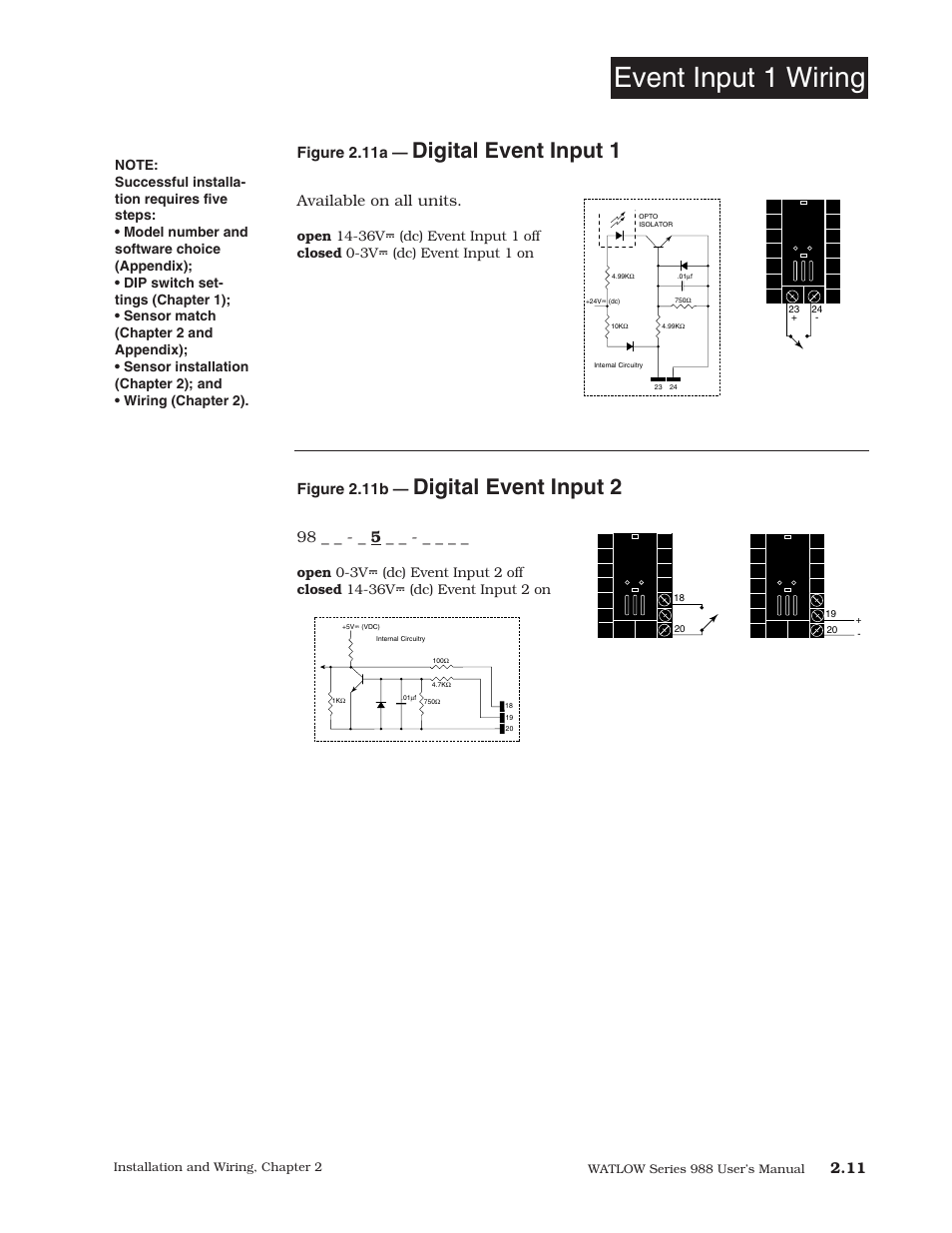 Event input 1 wiring, 11 event input 1 wiring, Digital event input 2 | Digital event input 1, Figure 2.11b, Figure 2.11a, Available on all units | Watlow Series 988 User Manual | Page 21 / 153