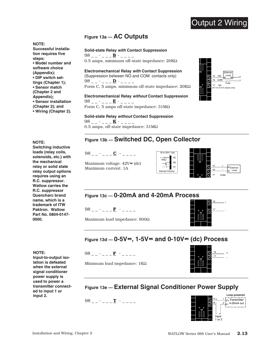 Output 2 wiring, 13 output 2 wiring, Switched dc, open collector | External signal conditioner power supply, Ac outputs | Watlow Series 988 User Manual | Page 23 / 153